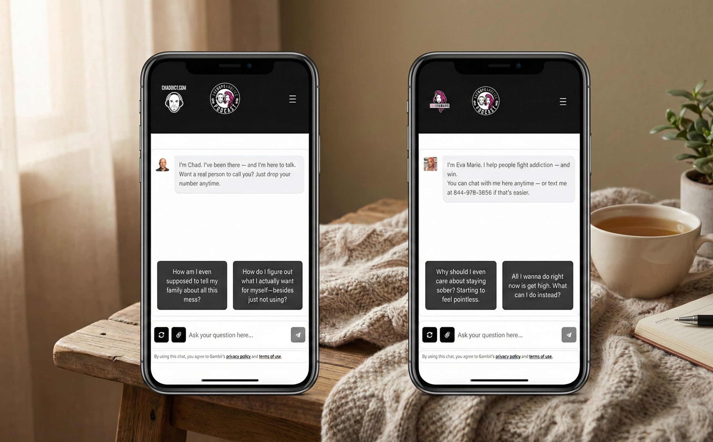 Chaddict and AskEvaMarie: AI Support for Addiction and Recovery